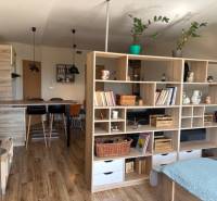 Interior of a 1-bedroom apartment with wood-patterned flooring and an open kitchen.