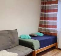 A room in a 3-room apartment with a sofa and a bed, near the window.