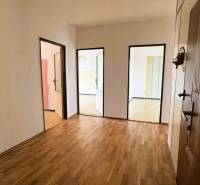 Entrance hall in a 3-room apartment with a wooden decor floor and multiple doors.