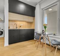 A kitchen in a studio apartment with black furniture, a washing machine, and a wooden decor floor.
