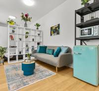 A stylish living area in a studio apartment with wood-patterned flooring, decorations, and plants.