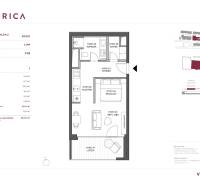 Floor plan of a 1-bedroom apartment with a kitchen, living room, and loggia.