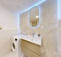 Bathroom with a sink, washing machine, mirror, and decorations in a studio apartment.