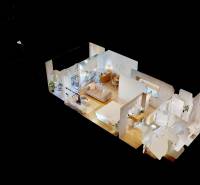 3D floor plan of a one-room apartment with a wooden decor floor.