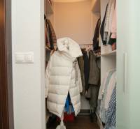A wardrobe in a 2-room apartment with shelves and coats, a floor with a wooden decor.