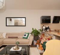 Living room in a two-room apartment with a beige leather sofa, a mirror, and plush teddy bears.