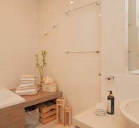 Bathroom in a 2-room apartment with a bathtub, wooden decor, and plant decorations.