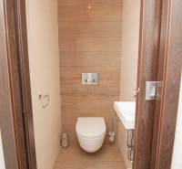 A toilet with a wall-hung WC and wood-effect tiles in a 2-room apartment.