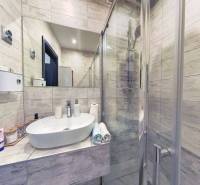 Bathroom with a sink and a shower in a 3-room apartment with wooden decor.