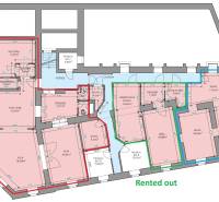 Floor plan of commercial spaces with rental areas and technical rooms.