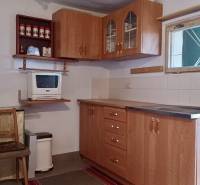 A kitchen in a cottage with wooden furniture and a microwave, floor with wooden decor.