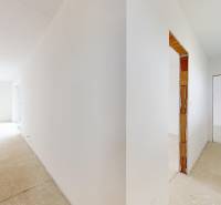 Interior of a family house with white walls and lighting preparation.