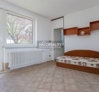 Interior of a family house with a bed, shelves, radiator, and a large window.