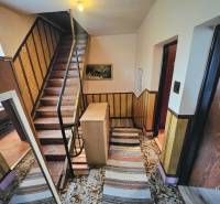 Staircase with wooden railing, carpet, and decorative wall paneling in a family house.