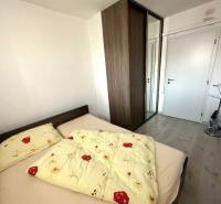 A bedroom in a 2-room apartment with a bed, built-in wardrobe, and wooden decor flooring.