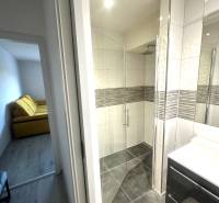 A bathroom in a 2-room apartment with a glass shower enclosure and large tiles.