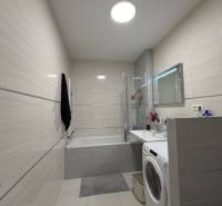A bathroom in a 2-room apartment with a shower, bathtub, and washing machine.