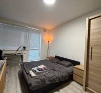 Bedroom in a 2-room apartment with a wooden decor floor and a bed next to the window.