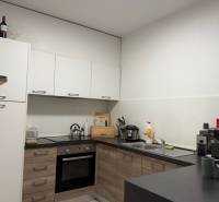 A kitchen in a 2-room apartment with a wood-patterned floor and white cabinets.
