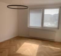 A bright room with a wood-decor floor in a two-room apartment, large window.