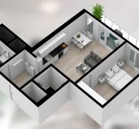 3D floor plan of a 2-room apartment with a kitchen, living room, bedroom, and wooden decor flooring.