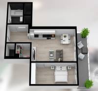 Floor plan of a 2-room apartment with wood-patterned flooring and a terrace.