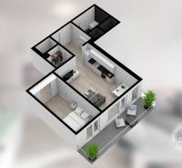 2-room apartment with wood-patterned flooring, kitchen, living room, and balcony.