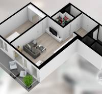 3D floor plan of a 2-room apartment with a living room, bedroom, and balcony, wooden decor flooring.