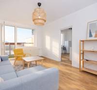 A bright living room in a three-room apartment with wood-patterned flooring and designer accessories.