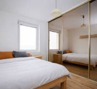 Bedroom in a 3-room apartment with wood-patterned flooring and a large mirrored wardrobe.