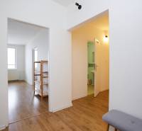 Interior of a 3-room apartment with a wooden decor floor, includes a hallway and a bathroom.