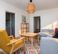 Living room in a 3-room apartment with wooden decor, a gray sofa, and a yellow armchair.