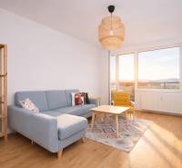 Living room of a three-room apartment with a sofa, an armchair, and a wooden decor floor.