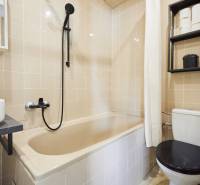 A bathroom with a bathtub, sink, shower, and toilet in a 2-room apartment.