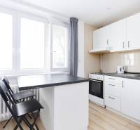 A kitchen in a 2-room apartment with a counter and a wooden decor floor.