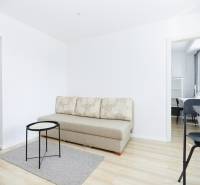Living area with a sofa, table, and wood-patterned flooring in a two-room apartment.