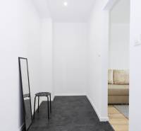 A narrow hallway in a 2-room apartment with a black floor and a mirror.