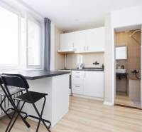 A kitchen in a 2-room apartment with a bar counter and a floor with a wood decor.