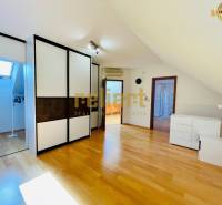 Attic room with wood-patterned flooring and a built-in wardrobe in a family house.