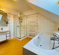 A bathroom in a family house with a bathtub, shower corner, and slanted ceiling.