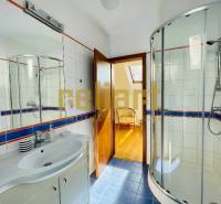 Bathroom with a shower and a sink, wooden decor flooring in a family house.
