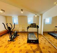 Interior of a family house with a treadmill and an elliptical trainer on a floor with a wooden decor.