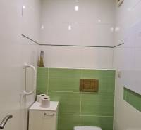 A bathroom in a 3-room apartment with green ceramic tiles and modern sanitary equipment.