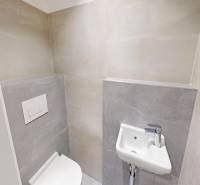 Bathroom with a toilet and sink in a 2-room apartment with a simple design.