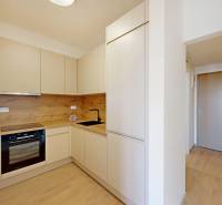 A kitchen in a 2-room apartment with a wooden decor floor and built-in appliances.