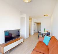 Living room with an orange sofa, dining table, and wooden decor flooring in a two-room apartment.