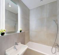 Bathroom in a 2-room apartment, with a bathtub and a sink, large mirror above the sink.