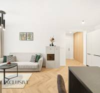 Living room in a 4-room apartment with a wooden decor floor and minimalist decoration.