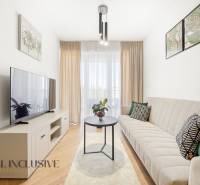 Living room in a 4-room apartment with wood-patterned flooring, light furniture, and a sofa.