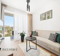 Living room in a 4-room apartment with a balcony, sofa, and wooden decor flooring.